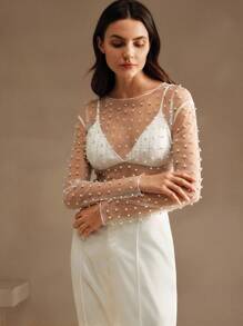 Anewsta 女士透明网眼长袖衬衫，夏季 - 白色 - 查看 3