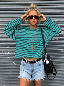 SHEIN Casual Loose Drop Shoulder Striped Long Sleeve T-Shirt