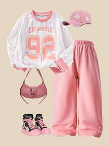 SHEIN Explorewe Casuvi Kid Girls 2-Piece Set,Light Pink Pullover Hoodie And Pants,Autumn Sport Back-To-School Career Day,Knit Striped Print Casual Cute Sporty Style - Pink - View 1