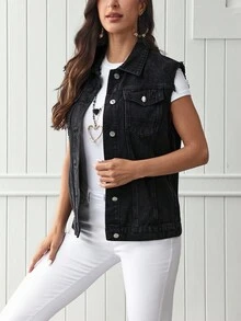 EMERY ROSE Flap Pocket Raw Trim Vest Denim Jacket - Dark Grey - View 4