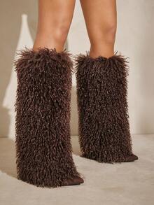 SHUZIA Women Fashion Furry Pointed Toe Skinny Heel Winter Warm Comfortable Mid-Calf Boots - Coffee Brown - View 2