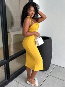 Alexandranx Tie Front Ruched Bust Tie Shoulder Cami Dress,Summer Dresses For Women,Pastel Dresses For Women