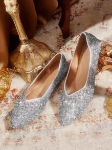 CUCCOO TILAWA Women's Fashionable Pointed Toe Flats With Rhinestones, Luxury Silver Color, Comfortable Casual Everyday Wear