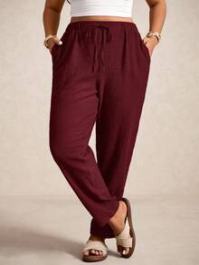 Elaquor Plus Size Women's Casual Solid Color Loose Drawstring Pants - Burgundy - View 3