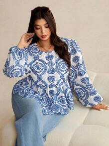 Elaquor Blus Wanita Ukuran Besar Kasual Modis Serbaguna dengan Bordir, Tali Belakang, Ruffle, dan Patchwork Warna Biru & Putih, Lengan Panjang, Pakaian Musim Gugur untuk Wanita - Blue and White - View 2