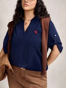 Zelara Plus Size Embroidered Notch Collar Casual Versatile Commuter Shirt Plus Size Blouses For Women Plus Size Tops Curve Blouses For Women Plus Size Women Clothes Blouse Earthy Plus Size Fall Clothes For Women Winter Clothes Office Outfits For Women Polo Shirt Birthday Chic Winter Business Winter Party Fall Halloween Christmas