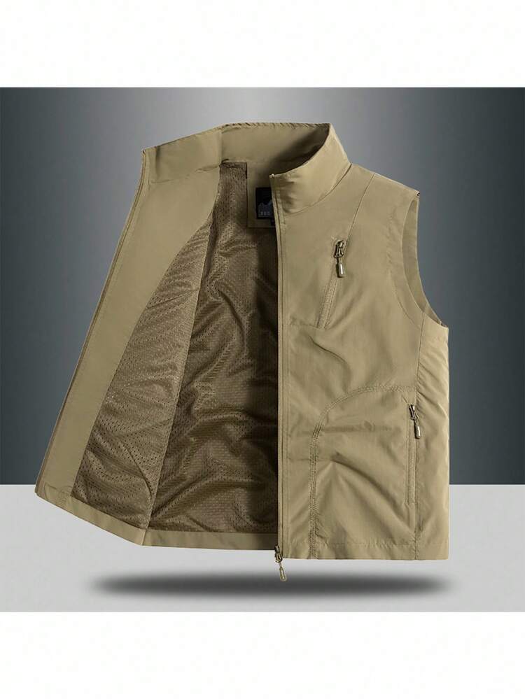 Manfinity Homme 男士休闲百搭简约无袖多口袋拉链背心，秋季 - 卡其色 - 查看 7