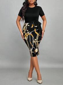 SHEIN Lady Vestido de oficina informal de verano con estampado y corte slim - Negro - Ver 3