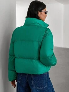 EURMUSE Áo khoác nữ mùa đông dài tay có khóa kéo cổ đứng thời trang thường ngày đa năng - màu xanh lá - Xem 2