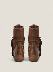 Muvela Giày bốt nữ cổ điển buộc dây màu nâu mũi tròn thời trang, bốt cao đến giữa bắp chân, họa tiết chắp vá - màu nâu - Xem 3