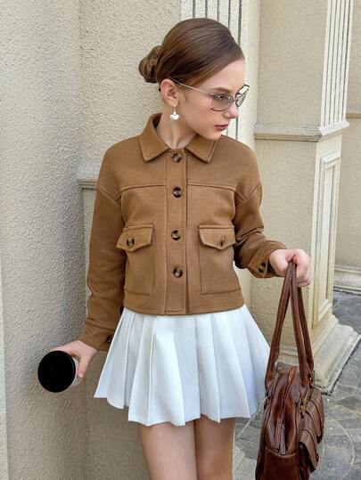 青少年女孩休闲时尚街头风格简约纯色落肩宽松翻领口袋实用夹克，秋季