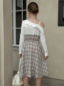 Vestido de peto a cuadros para niñas preadolescentes con ribete de volantes, cintura ajustada, adecuado para el trayecto al trabajo y el uso diario en otoño - Blanco - Ver 2