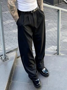 Manfinity Homme Pantalones de vestir de diseñador para hombre, pantalones de traje casual formal negros, con efecto de drapeado elegante