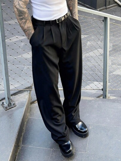 Manfinity Homme Pantalones de vestir de diseñador para hombre, pantalones de traje casual formal negros, con efecto de drapeado elegante