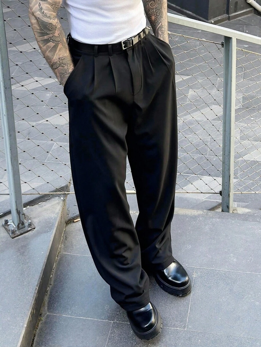 Manfinity Homme Pantalones de vestir de diseñador para hombre, pantalones de traje casual formal negros, con efecto de drapeado elegante