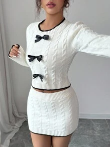 Elenzga 2pcs Autumn/Winter Women's Set: Twist Rope Cable Knit Color Block Pullover Sweater Top + Bodycon Mini Skirt Fall Cloth For Women - White - View 5