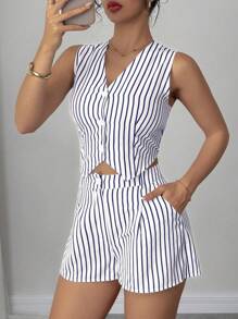 SHEIN Clasi 女式夏季条纹休闲背心和短裤两件套 - 白色 - 查看 1