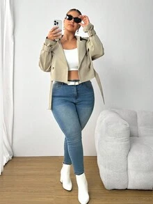 SHEIN PETITE CURVE 大码女式缺口翻领纽扣前长袖短款风衣，适合日常休闲女式短款风衣大码短款夹克秋冬 - 杏色 - 查看 5