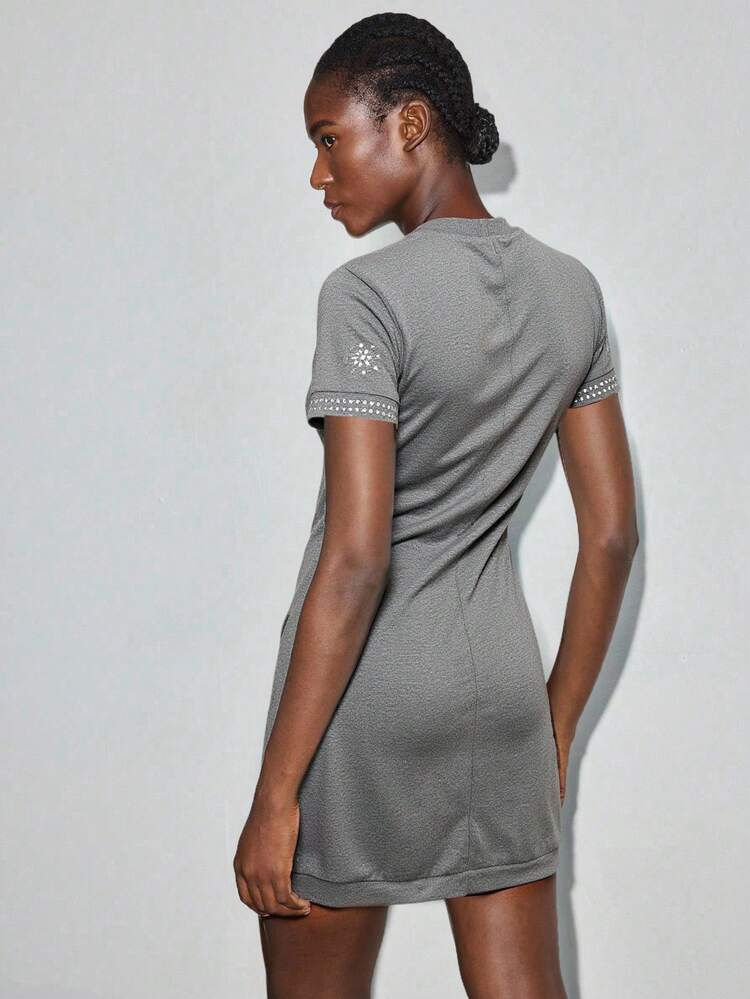 SHEIN Maija 2025 Rundhals, Normale Passform, Kurzarm, Midi Kleid für Frauen mit Strass Verzierungen, geeignet für Frühherbst, Geburtstags Partys, Schulanfang, Retro Stil