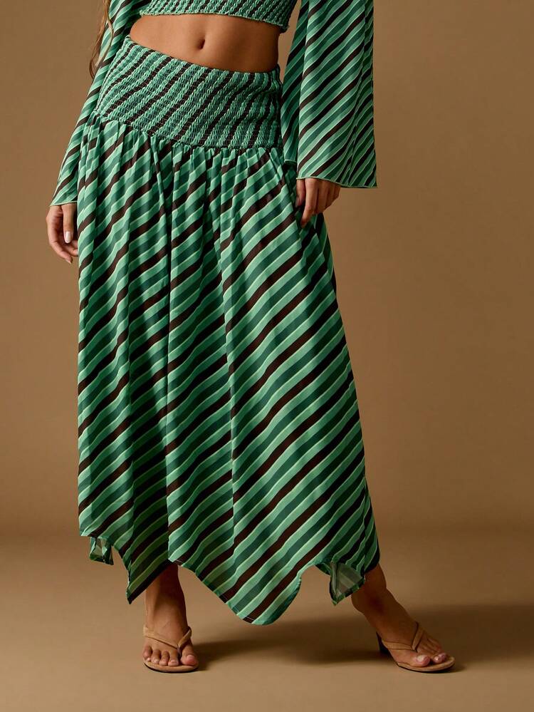 MISSGUIDED Elegant Striped Smocked Waist Maxi Skirt Asymmetrical Handkerchief Hem Festival Beach Vacation Resort Wear Summer Holiday Party Evening Dress Bottom