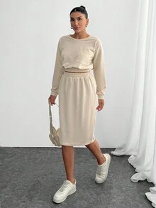 EURMUSE Bộ đồ liền thân hai mảnh màu trơn dành cho nữ, áo nỉ và chân váy - Màu be - Xem 5