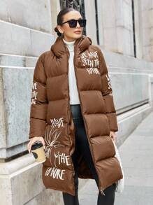 EURMUSE Plus Size Winter Casual Warm Letter Print Zip-Up Hooded Padded Coat - Brown - View 1