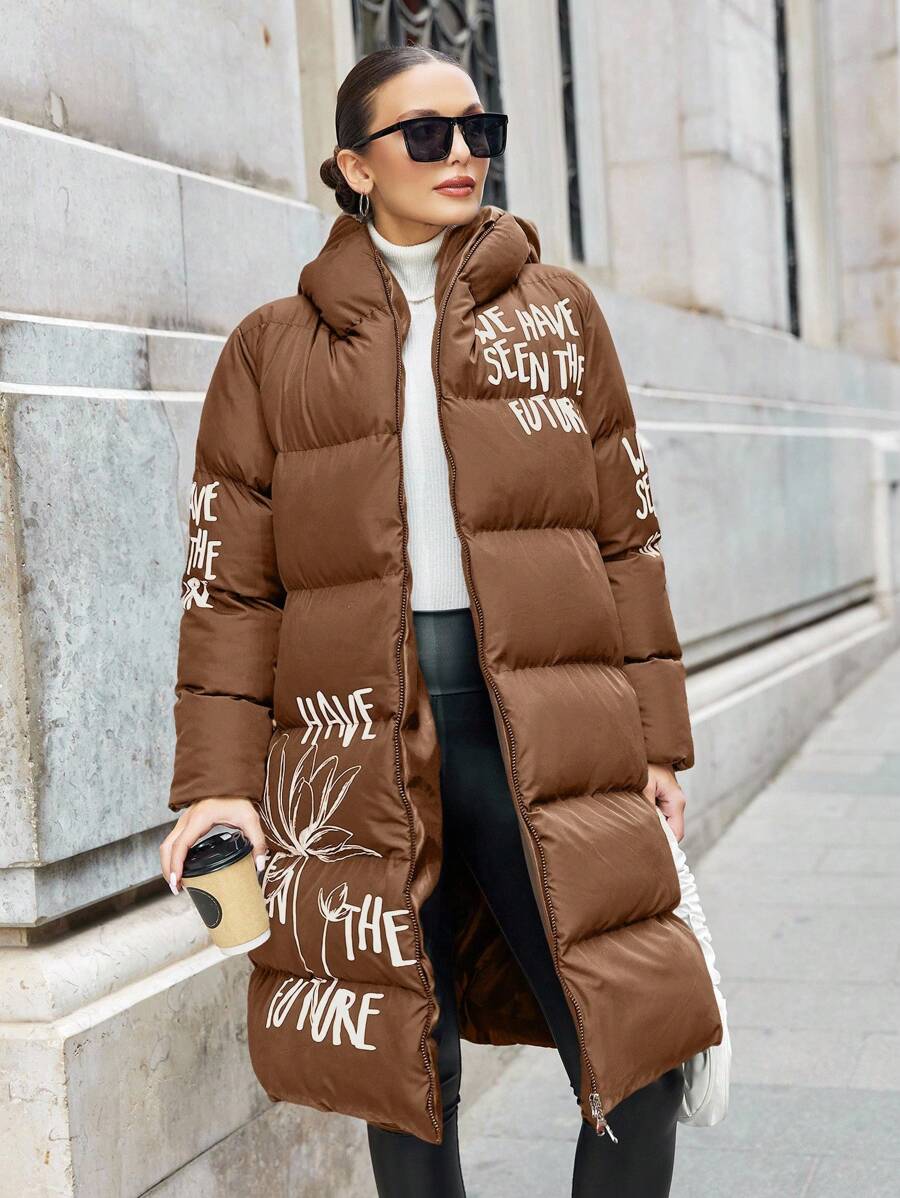 EURMUSE Plus Size Winter Casual Warm Letter Print Zip-Up Hooded Padded Coat - Brown - View 1