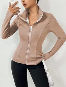 SHEIN Unity Casual Solid Color Thermal Lined Slim Fit Jacket, Autumn/Winter Fall Cloth For Women - Khaki - View 4