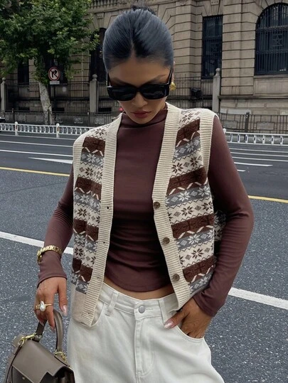 DAZY 休闲拼色几何图案V领针织背心