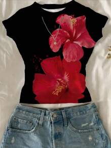 Attitoon Women's Crew Neck Short Sleeve Fitted T-Shirt, Suitable For Summer, Vacation, Vintage, Y2K Style, Red Floral Print - Multicolor - View 7