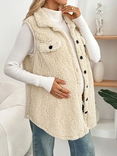 SHEIN Maternity Sleeveless Single-Breasted Fuzzy Curved Hem Casual Regular Jacket Lingerie Lingerie Set Underwear Women Pajama Pajama Dress Loungewear Nightgown Robe Sleepwear Sleepwear Set Tank Top With Bra