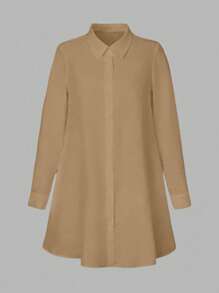 SHEIN LUNE Plus Size Plain Button Front Long Sleeve Pocket Casual Blouse, Everyday Wear Women Shirt - Khaki - View 5