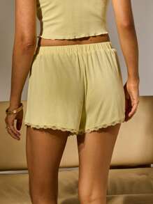 Aralina Đồ ngủ thu đông dễ thương cơ bản màu vàng bơ piointelle ngắn với ren và chi tiết hoa hồng - Màu Mù tạt vàng - Xem 2