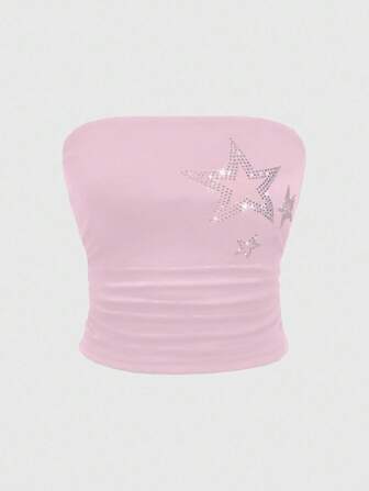 Grunge Punk Top camiseta ajustado con decoración de estrella de rhinestone y drapeado para mujeres