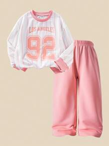 SHEIN Explorewe Casuvi Kid Girls 2-Piece Set,Light Pink Pullover Hoodie And Pants,Autumn Sport Back-To-School Career Day,Knit Striped Print Casual Cute Sporty Style - Pink - View 3