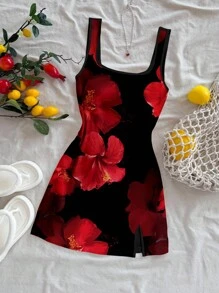Attitoon Casual Resort Style Red & Black Tropical Floral Pattern Deep V Neck Backless Mini Dress For Women, Suitable For Summer Vacation & Island Holiday,Club Outfits Women Sexy Beach Wear,Boho Clothes Women Suitable For Going Out Chic Dress - Multicolor - View 5