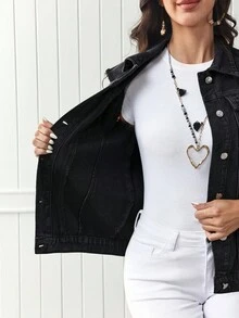 EMERY ROSE Flap Pocket Raw Trim Vest Denim Jacket - Dark Grey - View 6