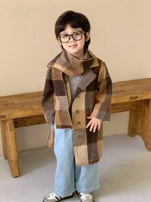 SHEIN 2件套男童秋冬复古格子大衣和围巾套装，米棕色 - 彩色 - 查看 1