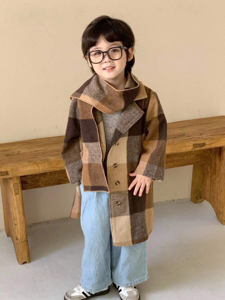 SHEIN 2件套男童秋冬复古格子大衣和围巾套装，米棕色 - 彩色 - 查看 1