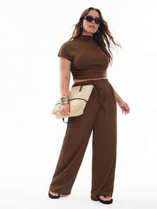 Solavibe Plus Size Texture Knit T-Shirt & Long Pants Casual Pleated Drawstring 2pcs Set 2 Piece Sets Woman - Coffee Brown - View 5