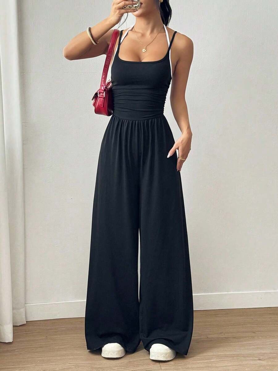 Flirla Women's Casual Pleated Loose Straight Leg Jumpsuit, Spring/Summer