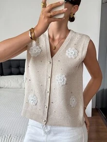 SHEIN Frenchy 女款仿珍珠裝飾V領前開扣針式針織背心，秋季秋冬休閒法式優雅辦公下午茶米色 - 杏色 - 查看 6