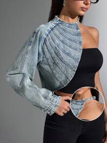 SHEIN Tall Y2K Retro Distressed Asymmetric Denim Jacket, Single Sleeve Denim Top, Denim Scarf Shawl Crop Top For Women - Medium Wash - View 7