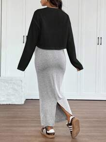SHEIN 秋季服装，秋季服装，孕妇装秋季服装孕妇插肩袖上衣搭配纯色修身孕妇装，两件套秋季服装孕妇裙灰色裙子孕妇装孕妇装孕妇装孕妇装灰色孕妇裙 - 黑色 - 查看 4