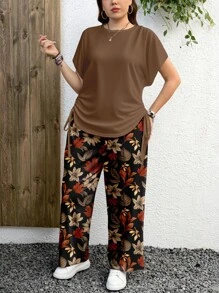 EMERY ROSE Casual Minimalist Maple Leaf Pattern Plus Size 2 Pieces Set, Suitable For Autumn - Multicolor - View 3