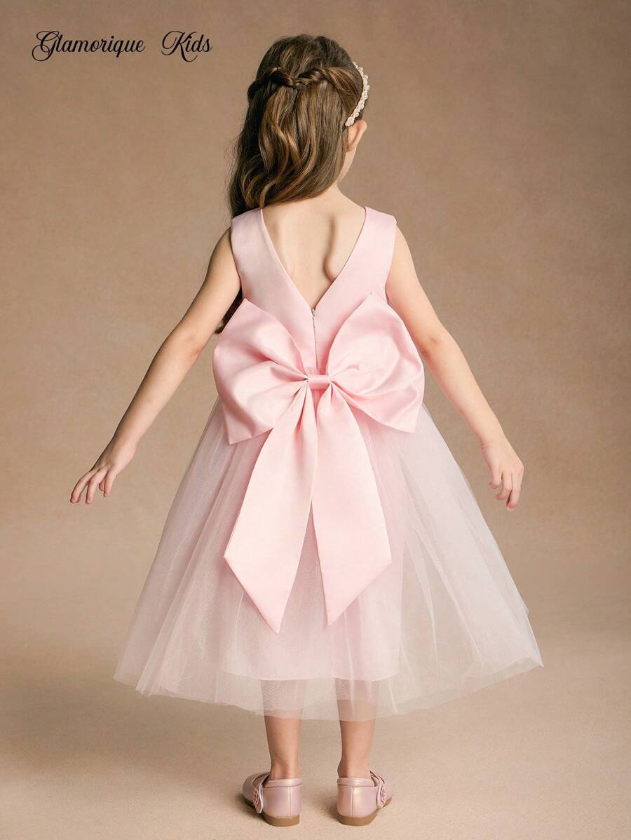 Glamorique Kids 圣诞节儿童礼服,派对服,圣诞老人礼服,新年礼服,花童圣诞儿童万圣节儿童舞会礼服连衣裙女童公主裙粉色缎面白色粉网眼泡泡袖连衣裙后裙大蝴蝶结连衣裙舞台郊游礼服秋季连衣裙钢琴表演中东婚纱儿童生日礼服婚礼嘉宾礼服四季礼服连衣裙 - 粉色 - 查看 1