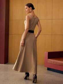 MOTF PREMIUM BELTED RIB-KNIT DRESS - Khaki - View 3