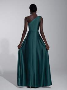 Elitara Váy cổ bất đối xứng bằng vải satin màu xanh rêu cổ điển thanh lịch và lãng mạn dành cho nữ với họa tiết hoa 3D, váy dạ hội chữ A xếp ly, thích hợp cho tiệc cưới và sự kiện trang trọng làm váy phù dâu - Màu xanh lá cây đậm - Xem 6