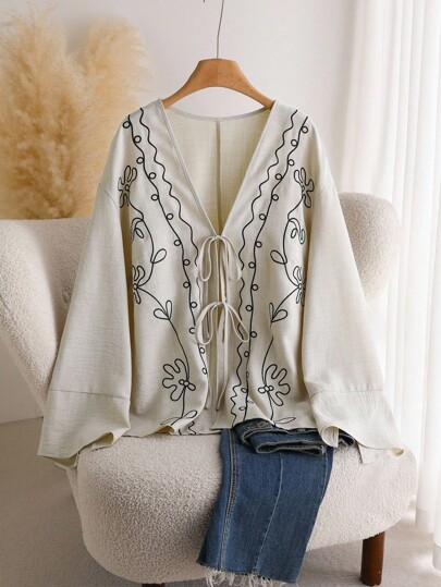 CosyJoli Plus Size Women Embroidered Open Front Cardigan, Casual Commuter Jacket, Autumn/Winter, Fashion Leisure Resort Plus Size Jacket, Apricot Long Sleeve Embroidered Coat Tie Front Blouses For Women Fall