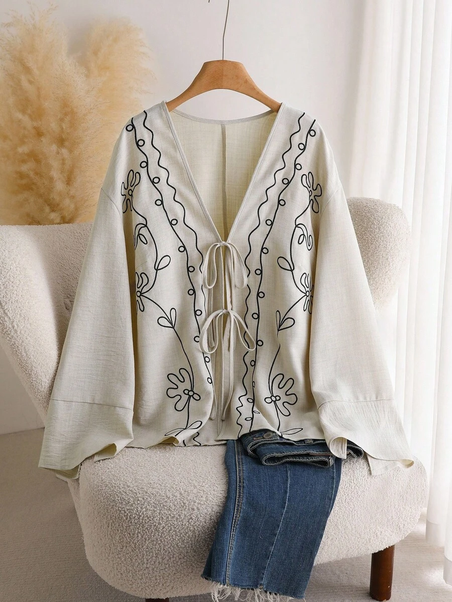 CosyJoli 大尺碼女款刺繡開襟衫，白色優雅休閒單身派對婚禮賓客外套，長袖繫帶前襟上衣外套，秋季款